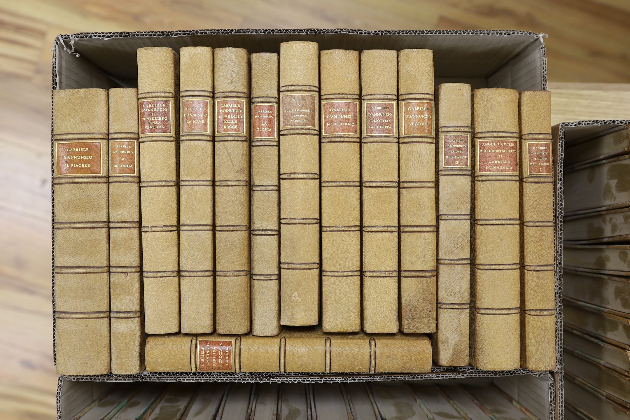 D'Annunzio, Gabriele - (Collected Writings, Instituto Nazionale Edition). 40 vols. photo plates and facsimiles; publisher's tan half morocco and marbled boards, panelled spines with red labels, gilt tops, partly unopened